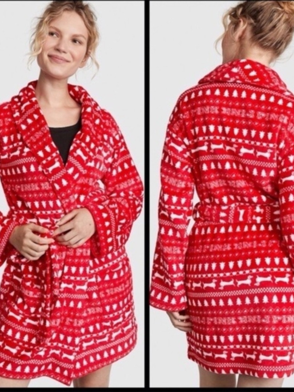 PINK Victoria's Secret Red Fair Isle Plush Robe